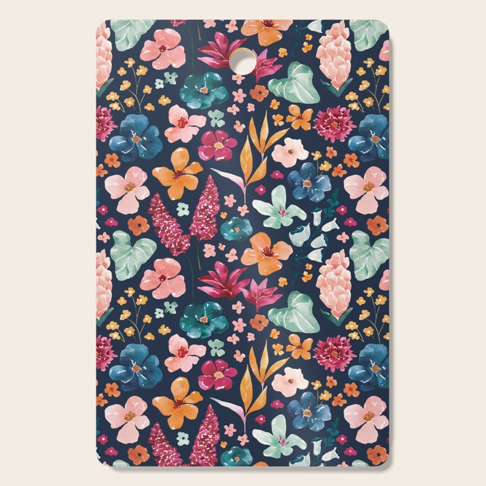 Colorful Tropical Jungle Watercolor Botanical Floral on Navy Blue Cutting Board Gallery Image 1