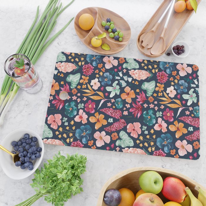 Colorful Tropical Jungle Watercolor Botanical Floral on Navy Blue Cutting Board Gallery Image 2