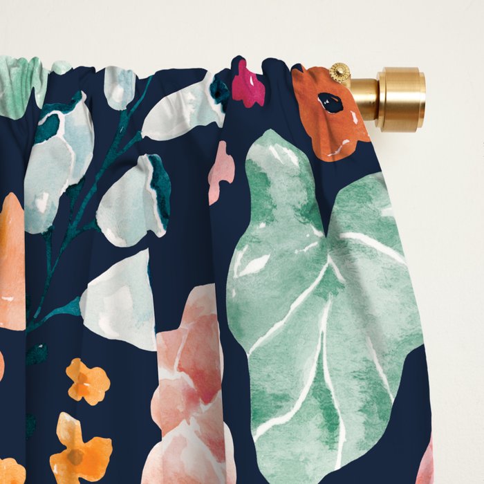 Colorful Tropical Jungle Watercolor Botanical Floral on Navy Blue Window Curtain Gallery Image 2