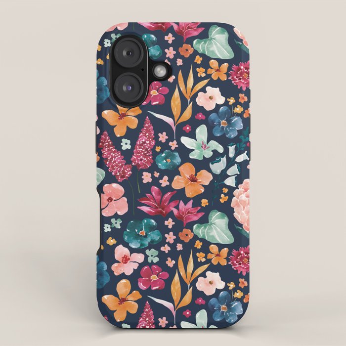 Colorful Tropical Jungle Watercolor Botanical Floral on Navy Blue iPhone Case Gallery Image 1