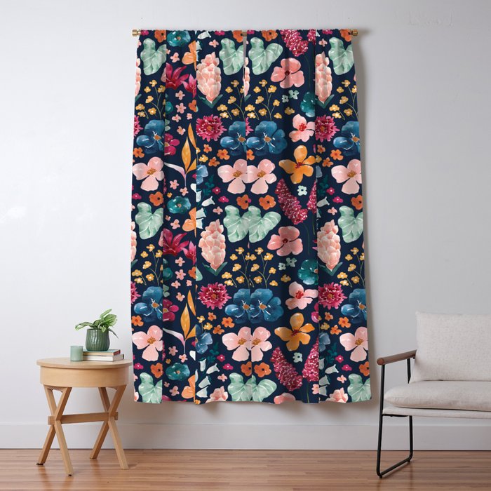 Colorful Tropical Jungle Watercolor Botanical Floral on Navy Blue Window Curtain Gallery Image 1