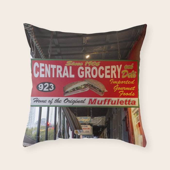 New Orleans Central Grocery x New Orleans French Quarter Photography Throw Pillow Gallery Image 1