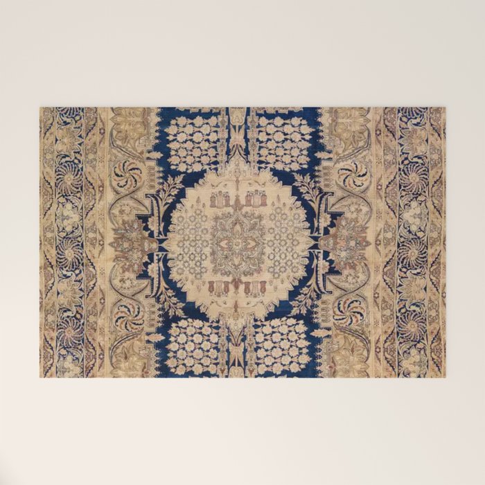 Antique Persian Navy Blue & Gold Beige Kerman Rug Print Welcome Mat Gallery Image 1
