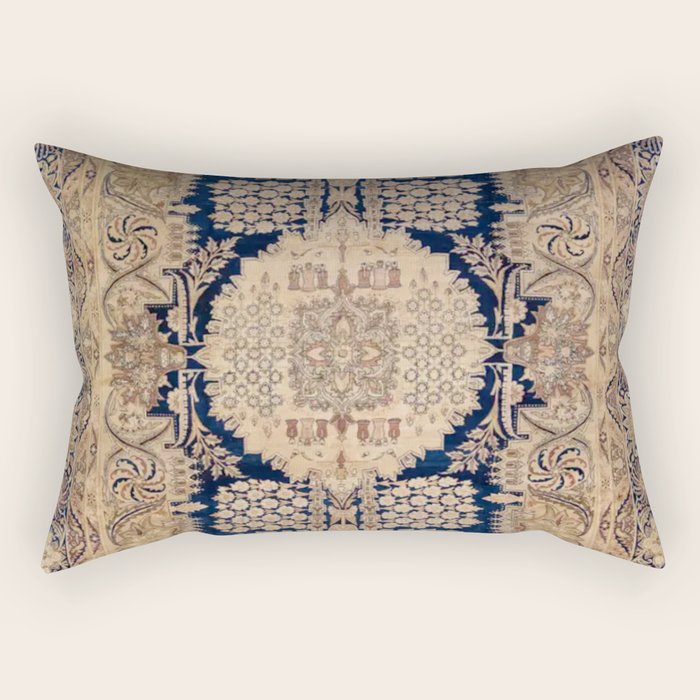 Antique Persian Navy Blue & Gold Beige Kerman Rug Print Rectangular Pillow Gallery Image 2