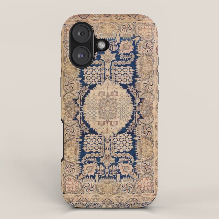 Antique Persian Navy Blue & Gold Beige Kerman Rug Print iPhone Case Gallery Image 1