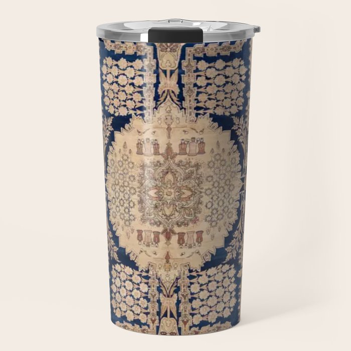 Antique Persian Navy Blue & Gold Beige Kerman Rug Print Travel Mug Gallery Image 1