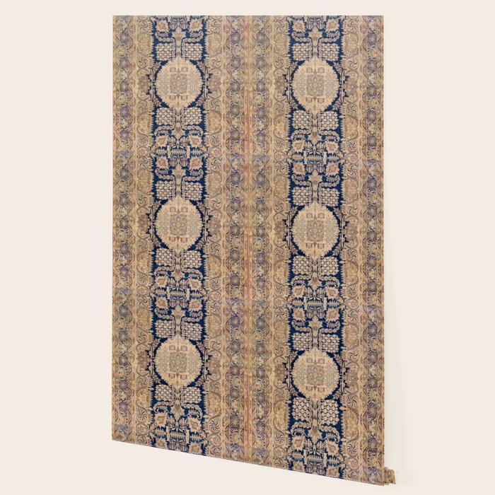 Antique Persian Navy Blue & Gold Beige Kerman Rug Print Wallpaper Gallery Image 2