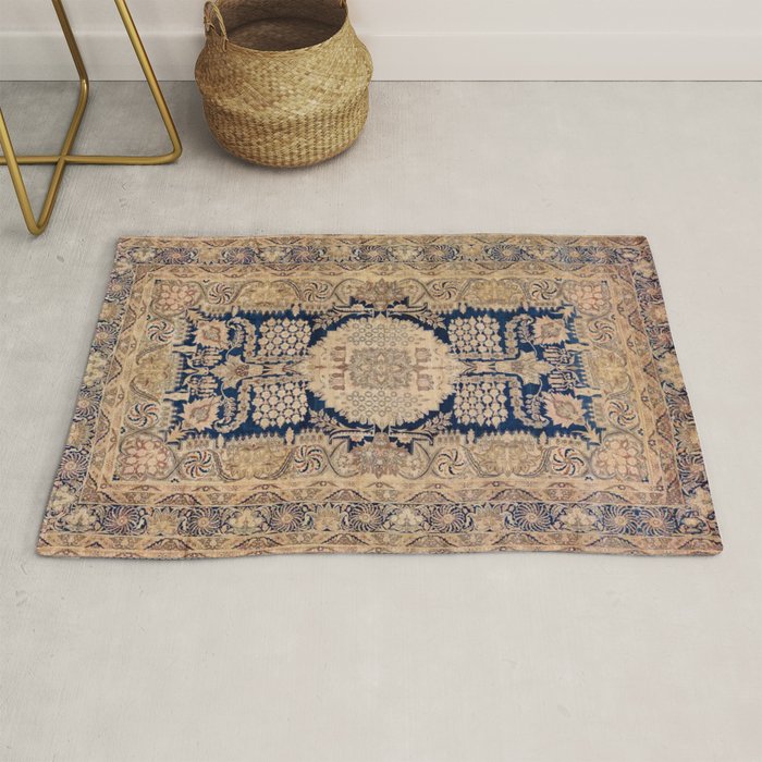 Antique Persian Navy Blue & Gold Beige Kerman Rug Print Rug Gallery Image 1