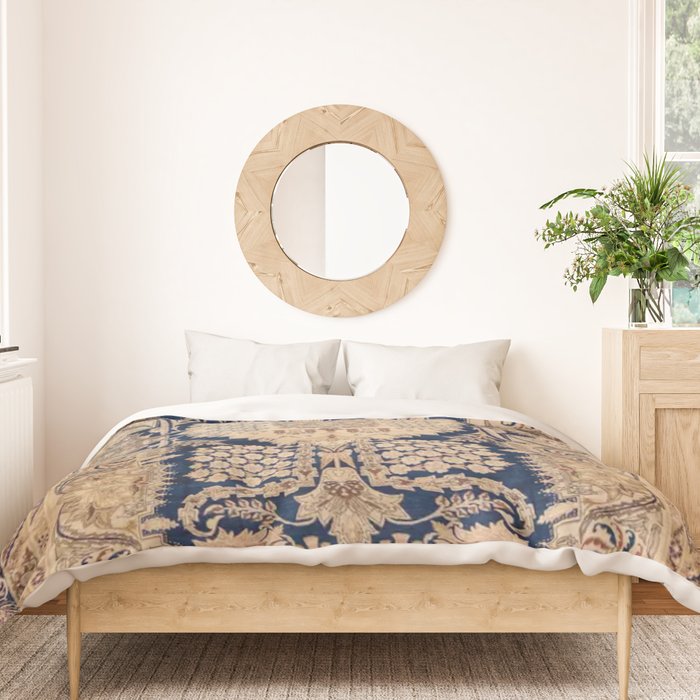 Antique Persian Navy Blue & Gold Beige Kerman Rug Print Duvet Cover Gallery Image 3