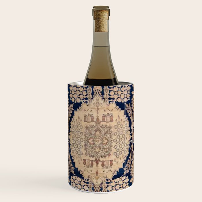 Antique Persian Navy Blue & Gold Beige Kerman Rug Print Wine Chiller Gallery Image 1