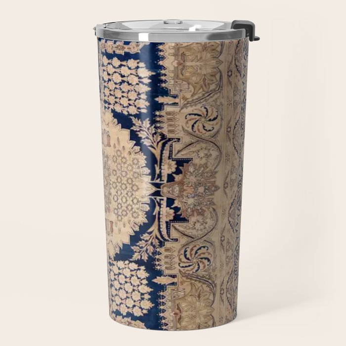 Antique Persian Navy Blue & Gold Beige Kerman Rug Print Travel Mug Gallery Image 2