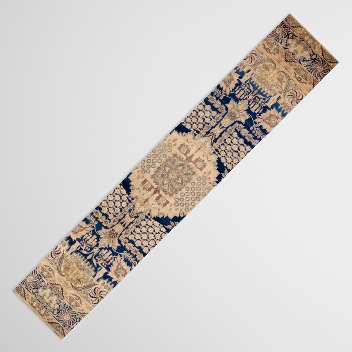 Antique Persian Navy Blue & Gold Beige Kerman Rug Print Table Runner Gallery Image 3