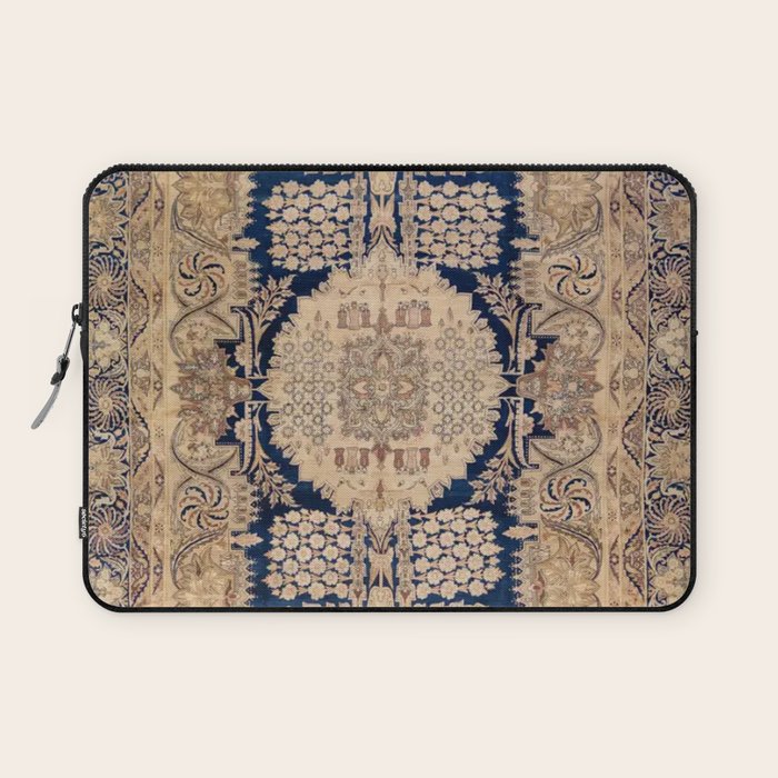 Antique Persian Navy Blue & Gold Beige Kerman Rug Print Laptop Sleeve Gallery Image 1