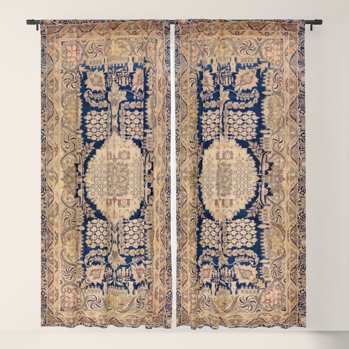 Antique Persian Navy Blue & Gold Beige Kerman Rug Print Window Curtain Gallery Image 5