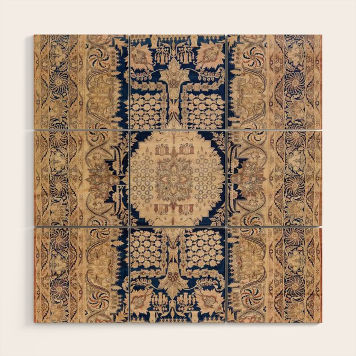 Antique Persian Navy Blue & Gold Beige Kerman Rug Print Wood Wall Art Gallery Image 1