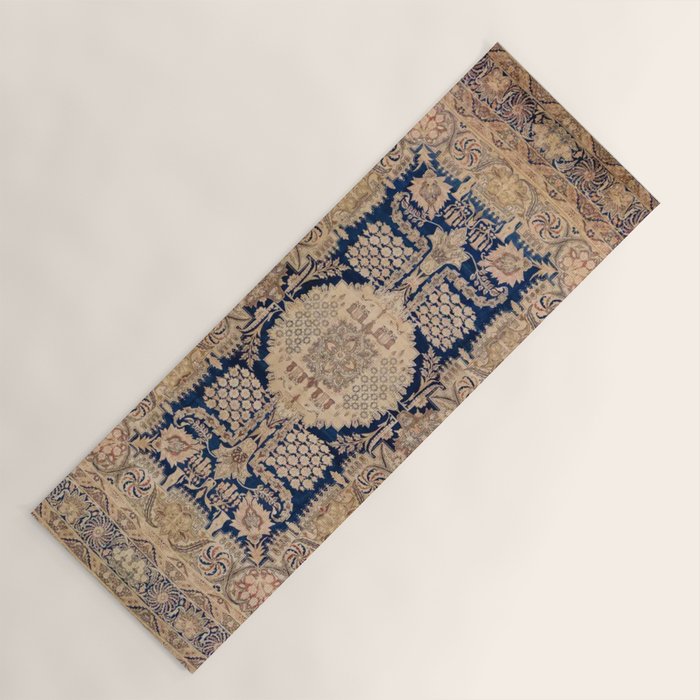 Antique Persian Navy Blue & Gold Beige Kerman Rug Print Yoga Mat Gallery Image 1
