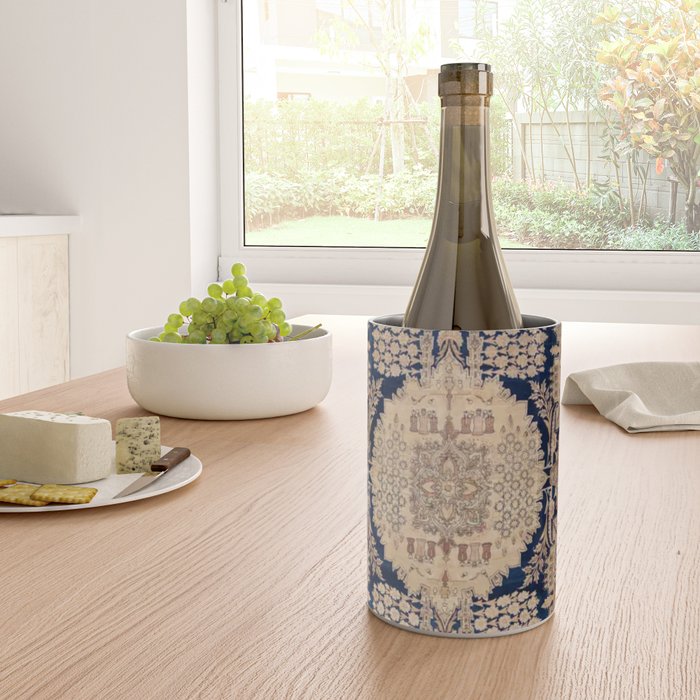 Antique Persian Navy Blue & Gold Beige Kerman Rug Print Wine Chiller Gallery Image 4