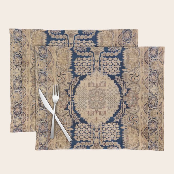 Antique Persian Navy Blue & Gold Beige Kerman Rug Print Placemat Gallery Image 1