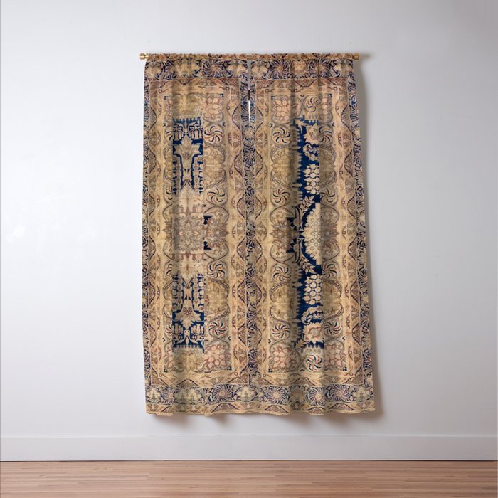 Antique Persian Navy Blue & Gold Beige Kerman Rug Print Window Curtain Gallery Image 3