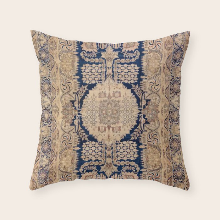 Antique Persian Navy Blue & Gold Beige Kerman Rug Print Throw Pillow Gallery Image 1
