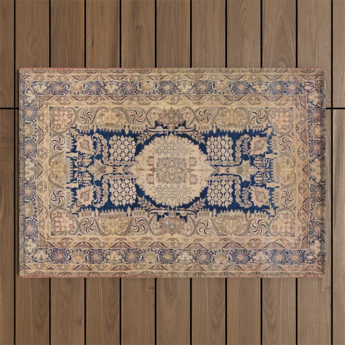 Antique Persian Navy Blue & Gold Beige Kerman Rug Print Outdoor Rug Gallery Image 1