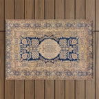Antique Persian Navy Blue & Gold Beige Kerman Rug Print Outdoor Rug Gallery Image 1