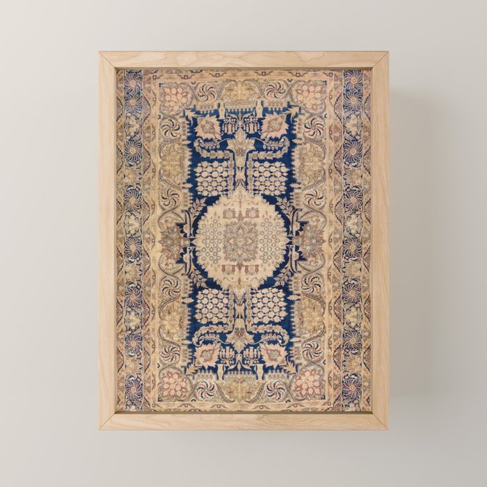 Antique Persian Navy Blue & Gold Beige Kerman Rug Print Mini Art Print Gallery Image 1