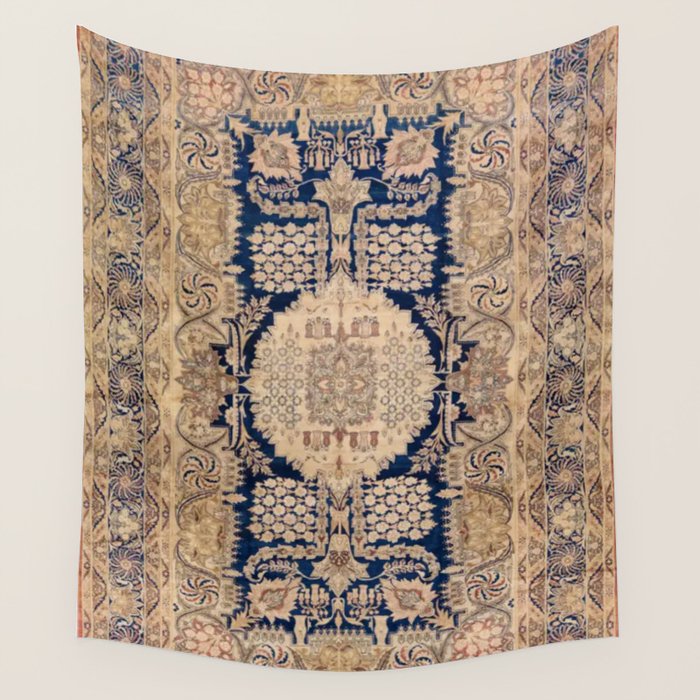 Antique Persian Navy Blue & Gold Beige Kerman Rug Print Wall Tapestry Gallery Image 1