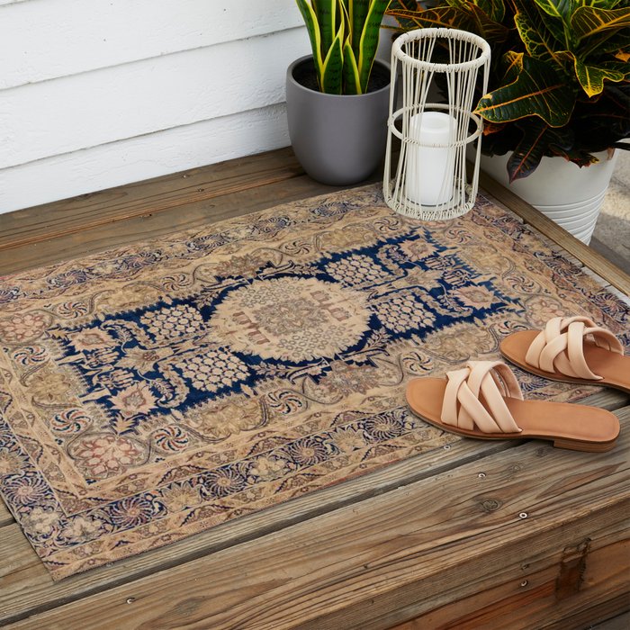 Antique Persian Navy Blue & Gold Beige Kerman Rug Print Outdoor Rug Gallery Image 2