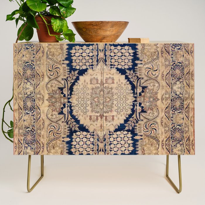 Antique Persian Navy Blue & Gold Beige Kerman Rug Print Credenza Gallery Image 1