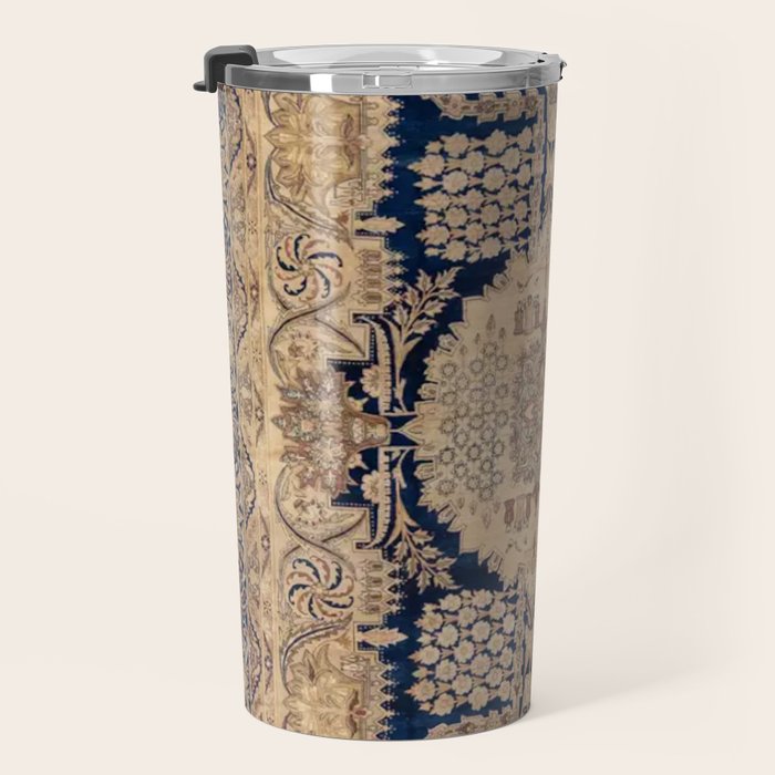 Antique Persian Navy Blue & Gold Beige Kerman Rug Print Travel Mug Gallery Image 3