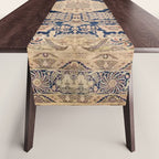 Antique Persian Navy Blue & Gold Beige Kerman Rug Print Table Runner Gallery Image 1