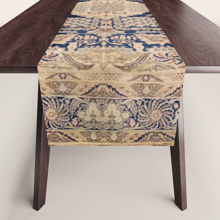 Antique Persian Navy Blue & Gold Beige Kerman Rug Print Table Runner Gallery Image 1