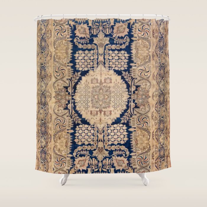 Antique Persian Navy Blue & Gold Beige Kerman Rug Print Shower Curtain Gallery Image 1
