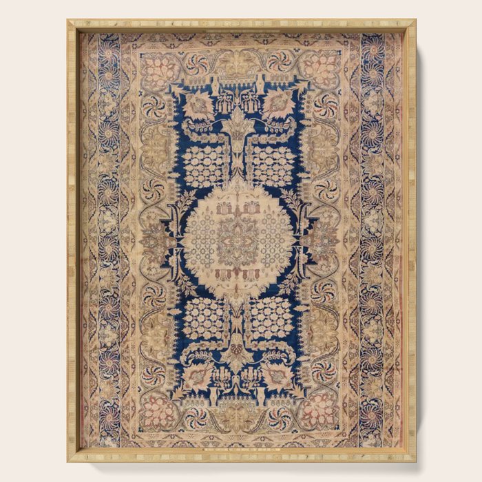 Antique Persian Navy Blue & Gold Beige Kerman Rug Print Serving Tray Gallery Image 1