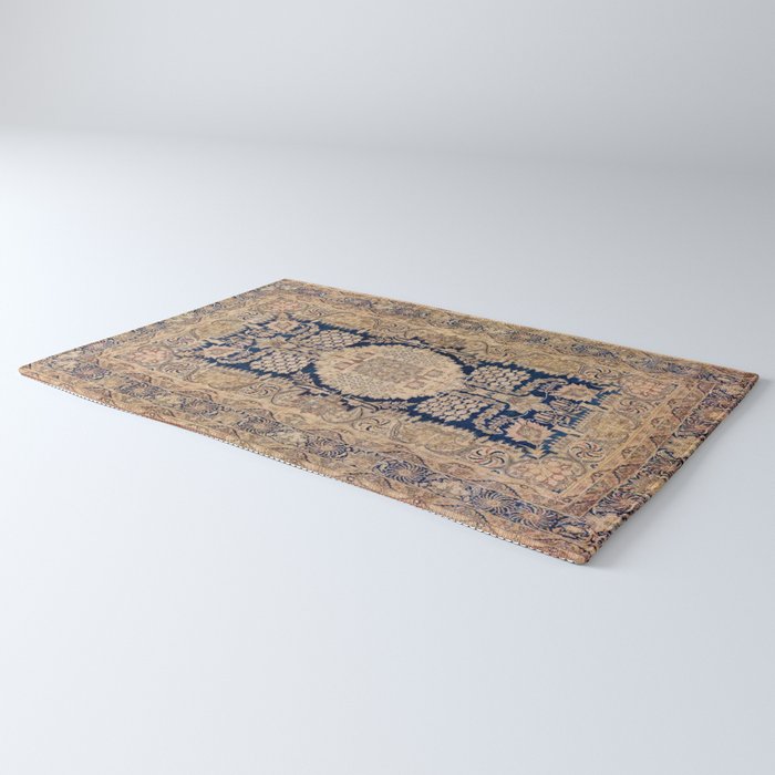 Antique Persian Navy Blue & Gold Beige Kerman Rug Print Rug Gallery Image 3