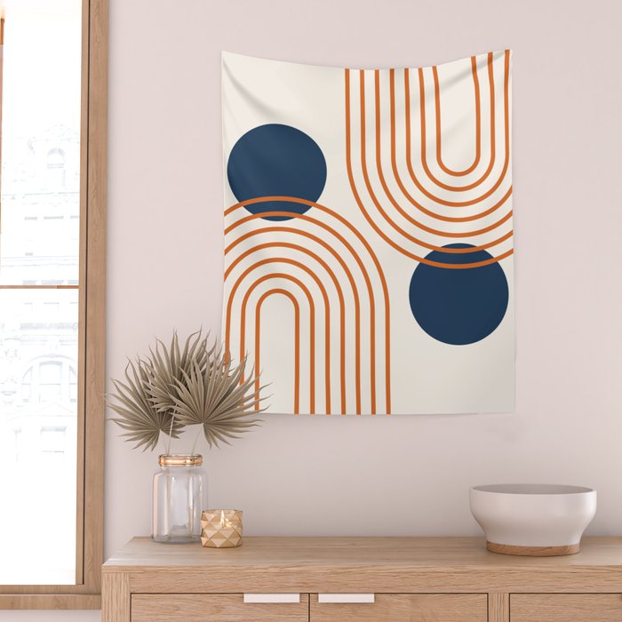 Mid Century Modern Geometric 195 in Navy Blue Orange Wall Tapestry Gallery Image 2