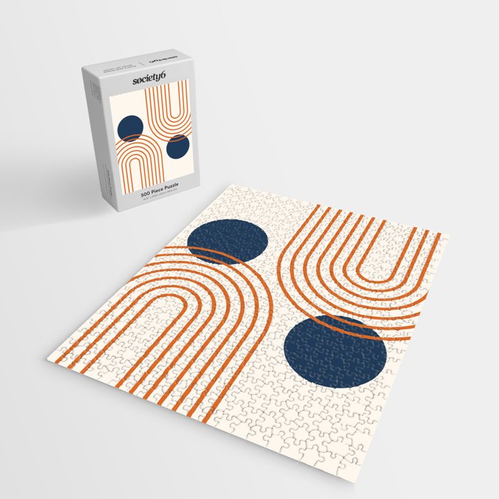 Mid Century Modern Geometric 195 in Navy Blue Orange Jigsaw Puzzle Gallery Image 2