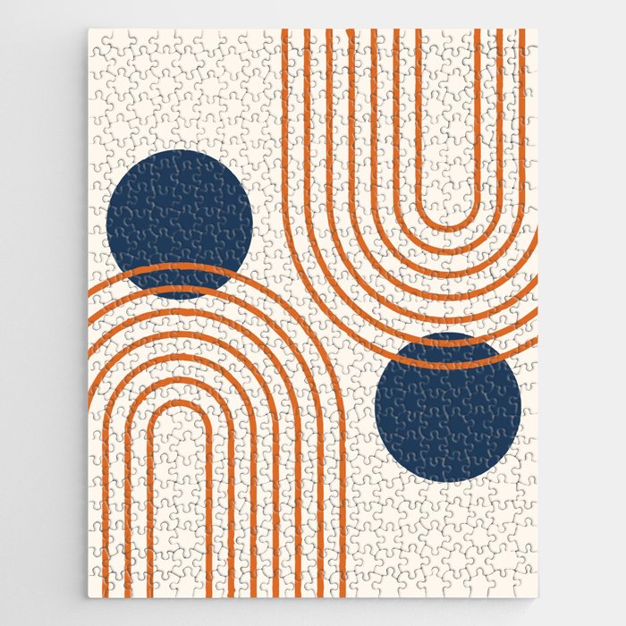 Mid Century Modern Geometric 195 in Navy Blue Orange Jigsaw Puzzle Gallery Image 1