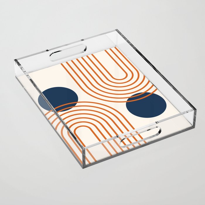 Mid Century Modern Geometric 195 in Navy Blue Orange Acrylic Tray Gallery Image 1