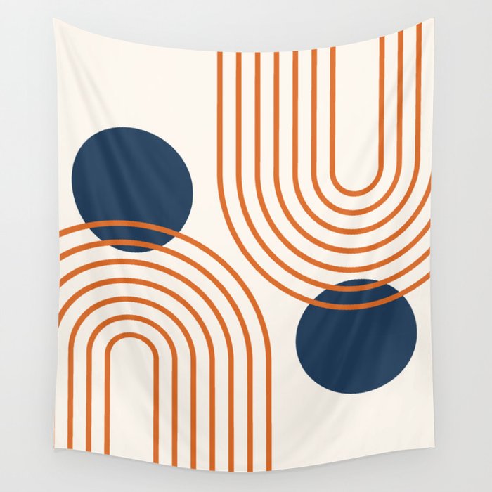 Mid Century Modern Geometric 195 in Navy Blue Orange Wall Tapestry Gallery Image 1