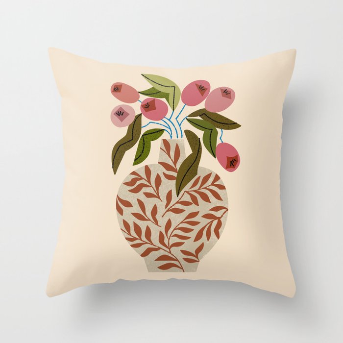 Pink Tulips In Fern Vase Throw Pillow Gallery Image 6
