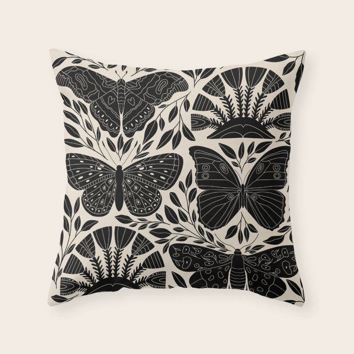 Black & White Retro, Folk Butterfly Throw Pillow Gallery Image 6