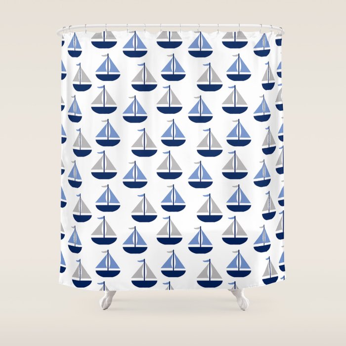 Nautical Sailboat Navy Blue Gray  Shower Curtain Gallery Image 1
