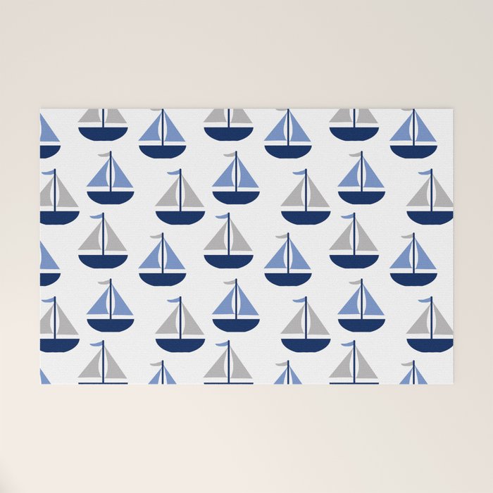 Nautical Sailboat Navy Blue Gray  Welcome Mat Gallery Image 1