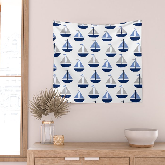 Nautical Sailboat Navy Blue Gray  Wall Tapestry Gallery Image 2