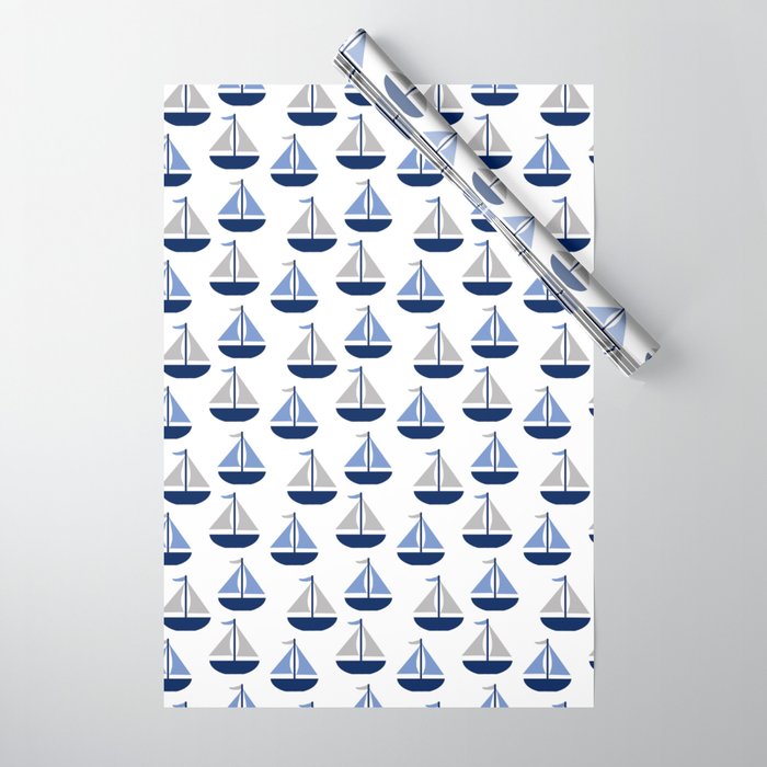 Nautical Sailboat Navy Blue Gray  Wrapping Paper Gallery Image 1