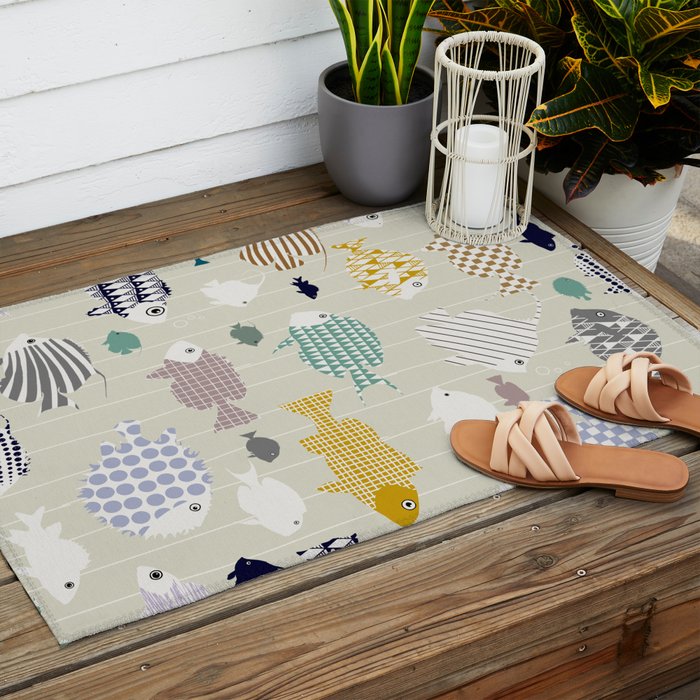 Fresh fish on warm grey pattern Outdoor Rug Gallery Image 2