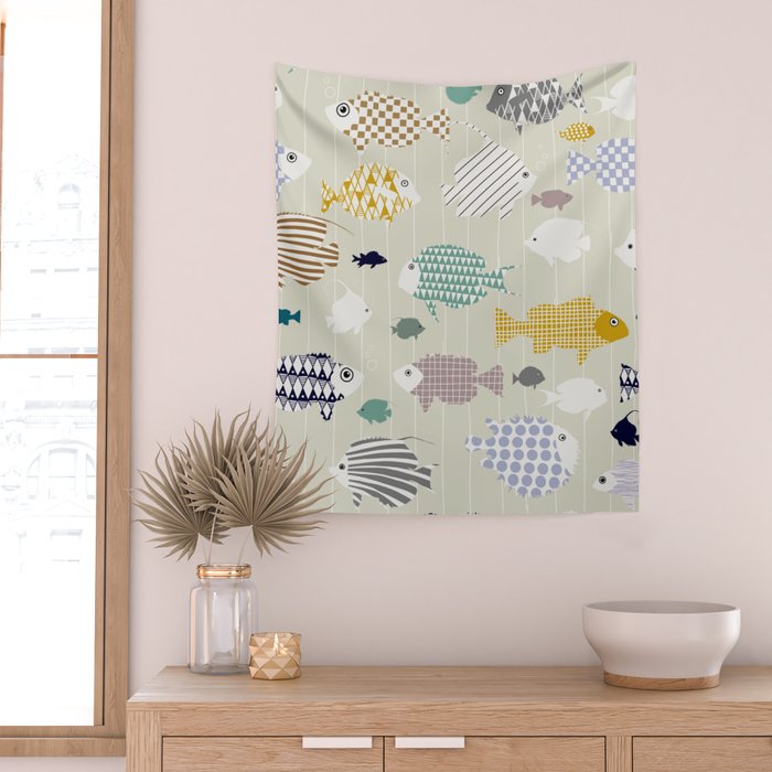 Fresh fish on warm grey pattern Wall Tapestry Gallery Image 2