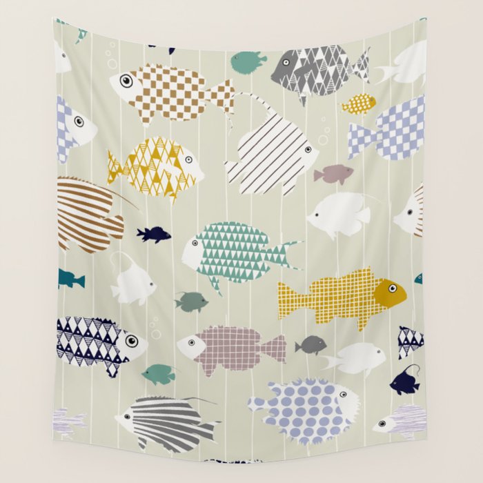 Fresh fish on warm grey pattern Wall Tapestry Gallery Image 1